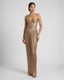 Cléophée gold pleated corset maxi dress