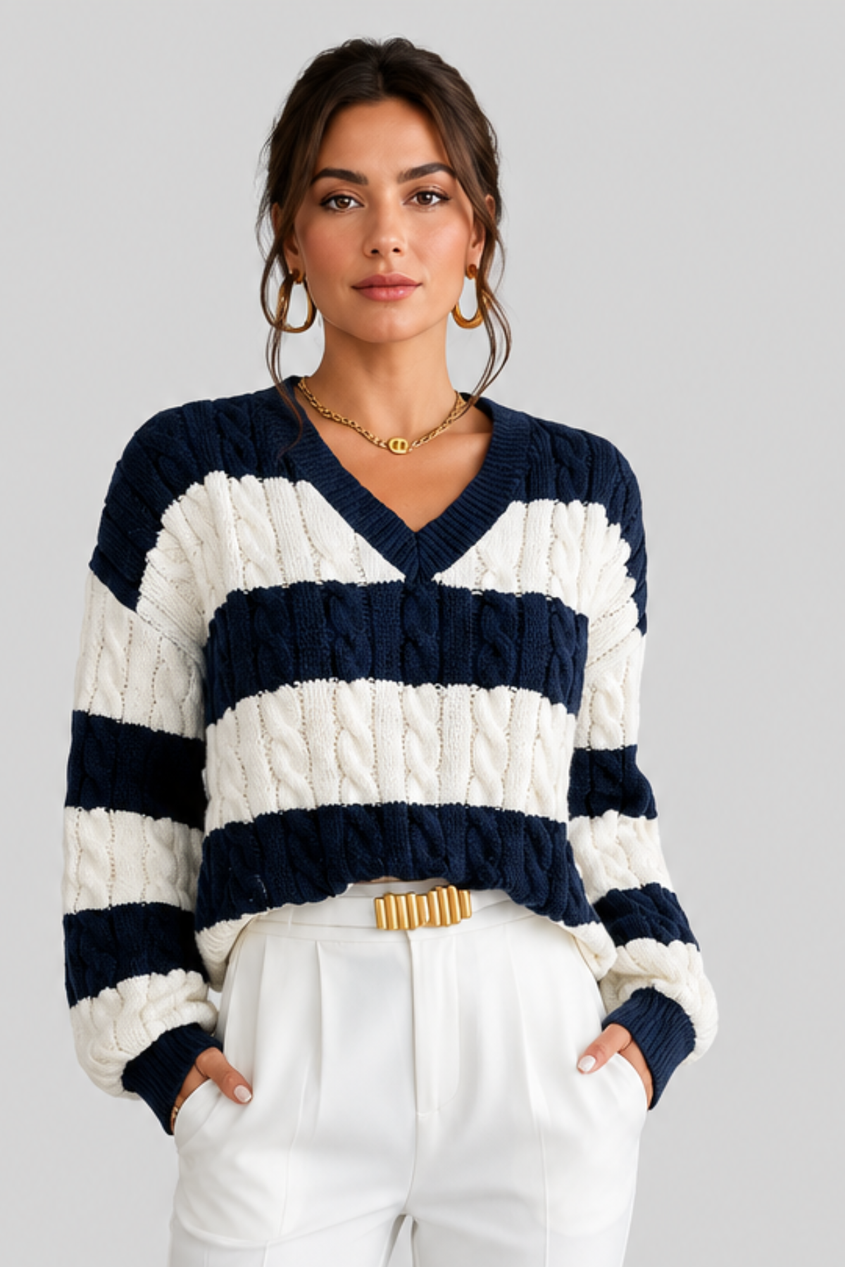 Women Oversized Striped Cable Knit Jumper