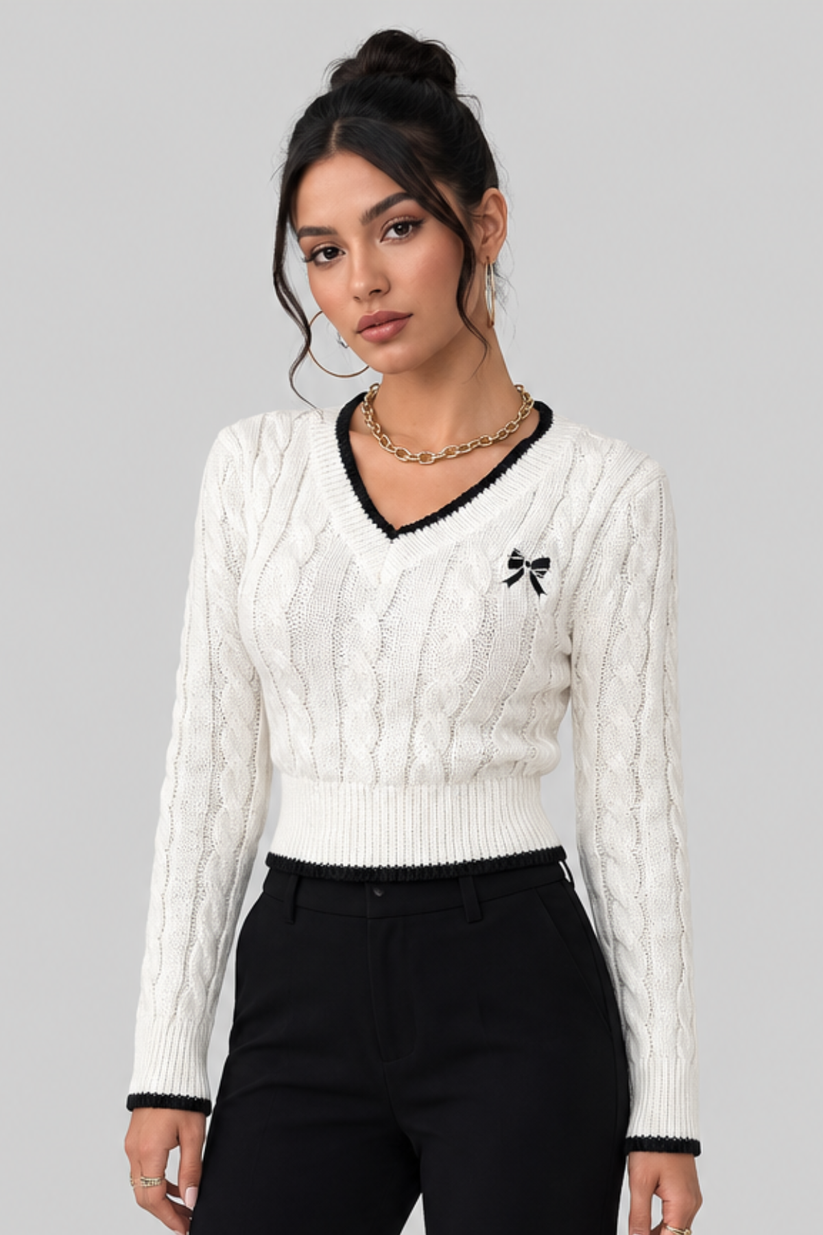 Women Cropped Cable Knit Jumper With Bow