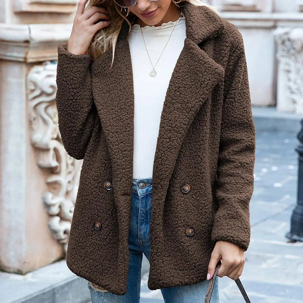 Candice Double Breasted Teddy Coat in Brown