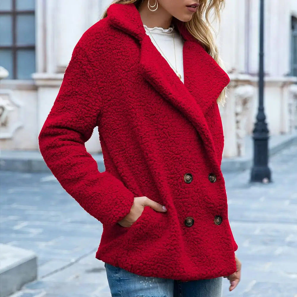 Candice Double Breasted Teddy Coat in Red