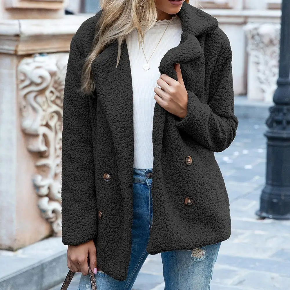 Candice Double Breasted Teddy Coat in Black