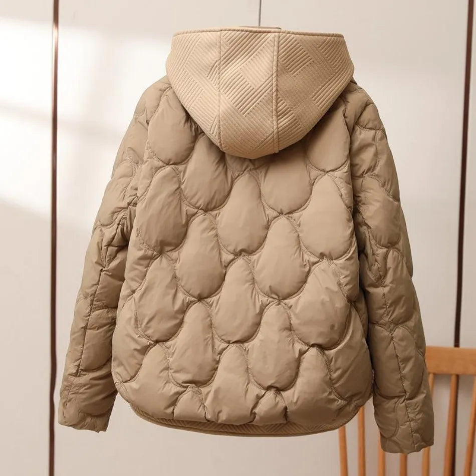 Barbara Quilted Puffer Jacket with Knit Hood in Camel