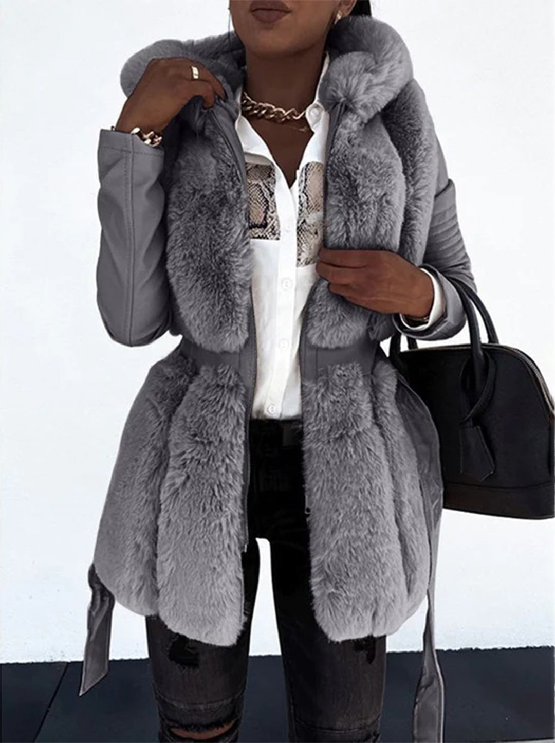 Esther Faux Leather Sleeve Faux Fur Coat in Grey