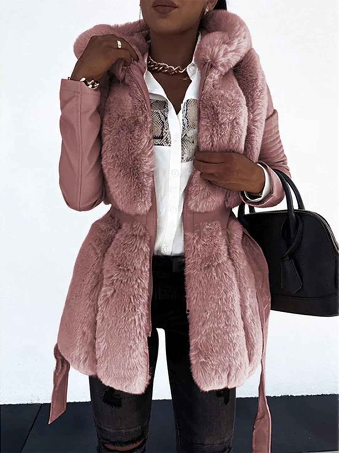 Esther Faux Leather Sleeve Faux Fur Coat in Pink