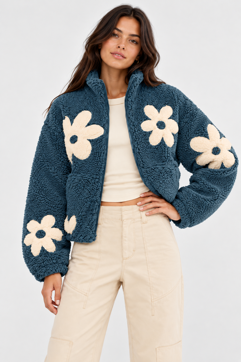 Mirabel Floral Appliqué Teddy Jacket