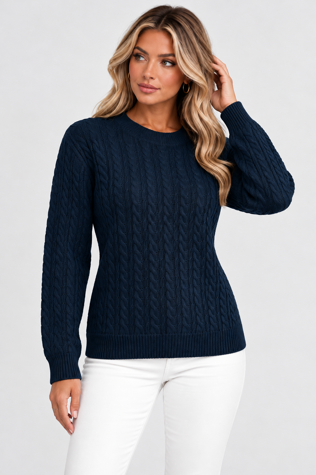 Women Cable Knit Round Neck Jumper