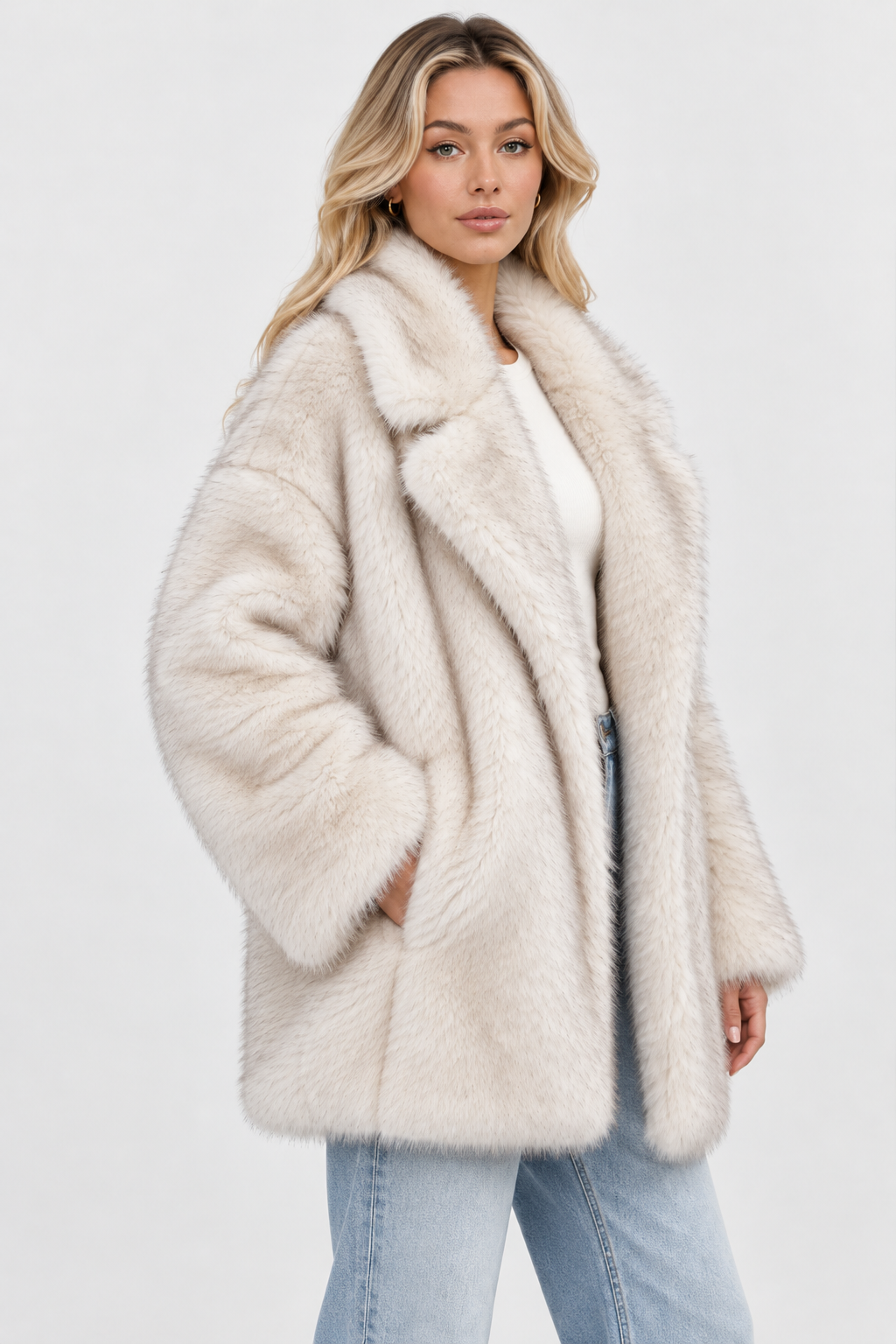 Women Faux Fur Coat Oversized Notched Lapel
