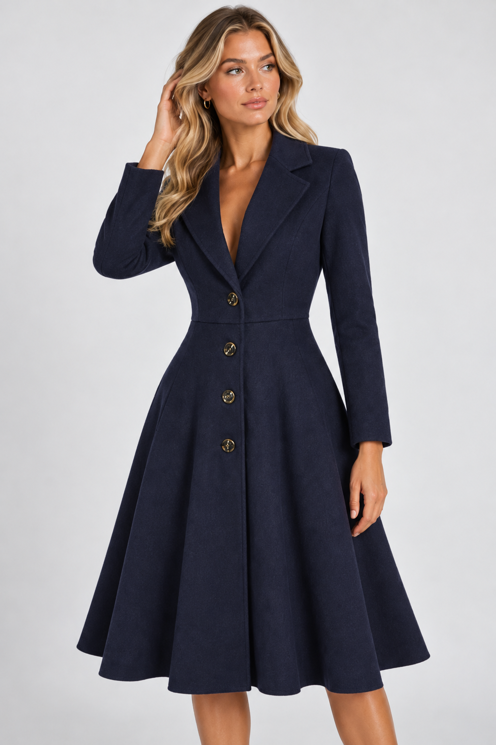 Women Fit Flare Long Coat Notched Lapel