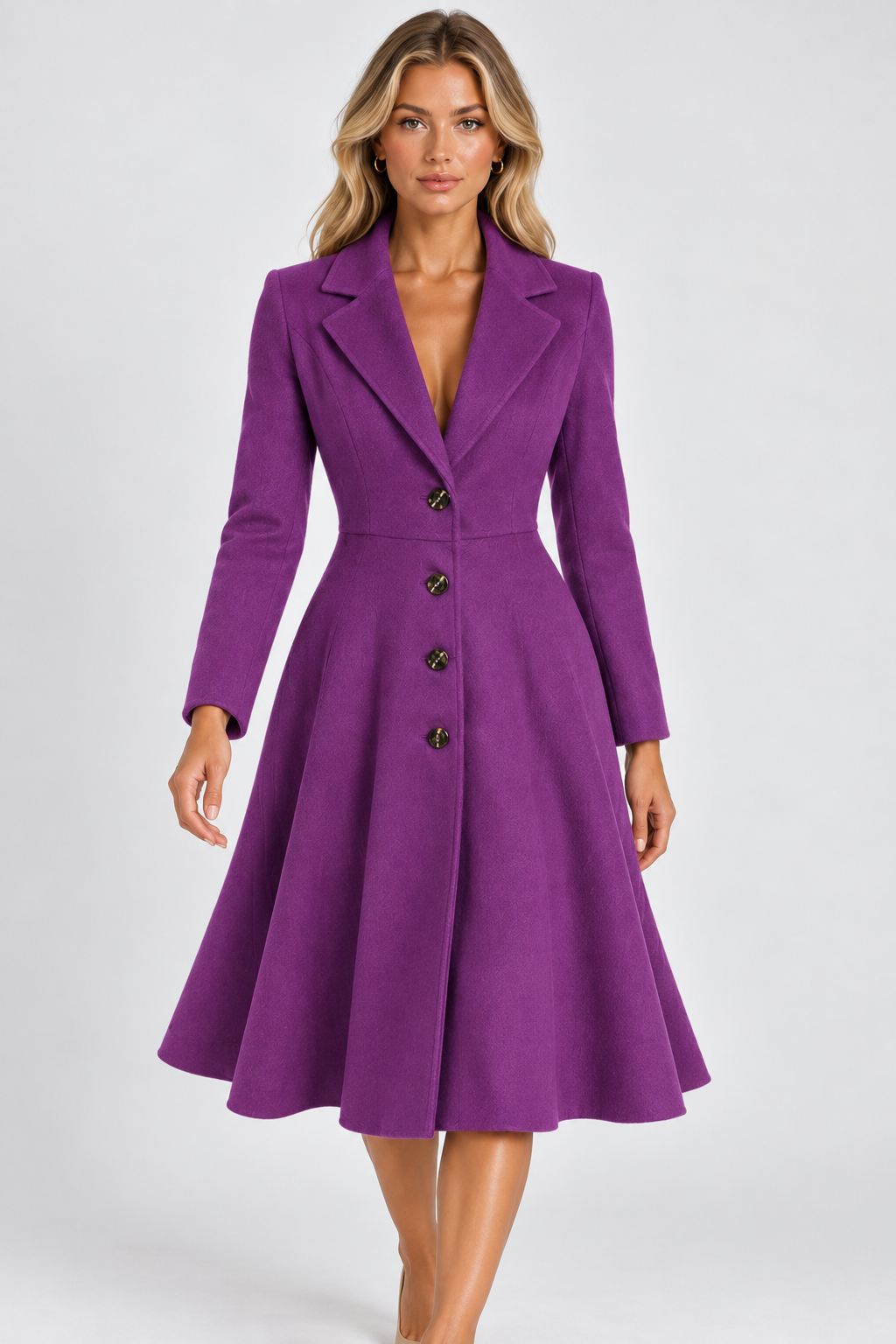Women Fit Flare Long Coat Notched Lapel