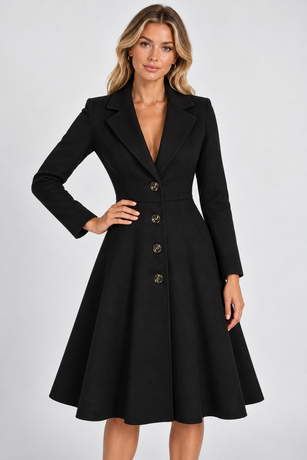 Women Fit Flare Long Coat Notched Lapel