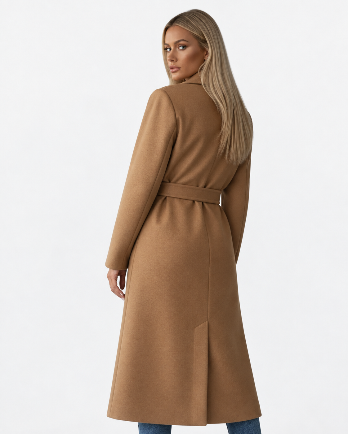 Women Long Double Breasted Belted Coat
