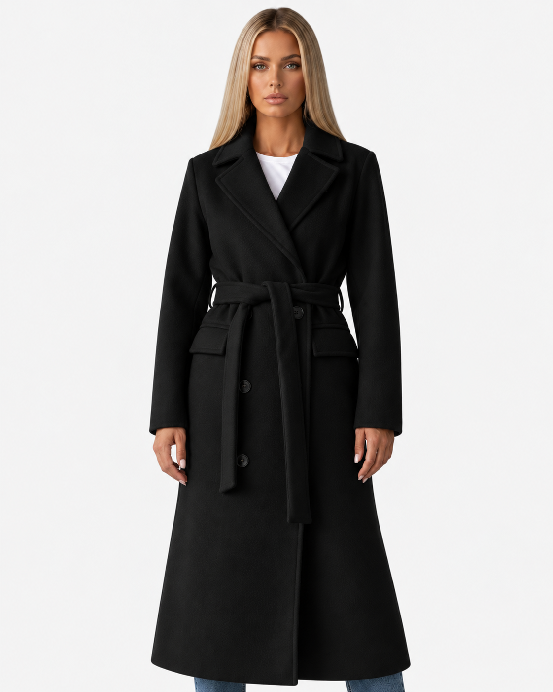 Women Long Double Breasted Belted Coat