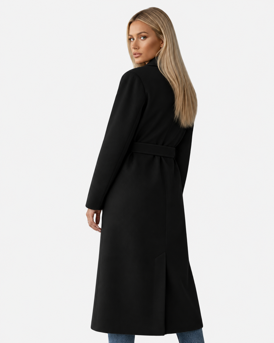 Women Long Double Breasted Belted Coat