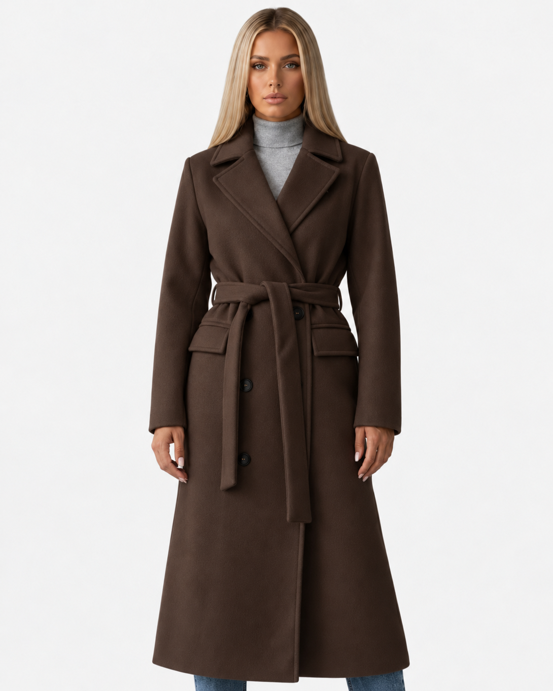 Women Long Double Breasted Belted Coat