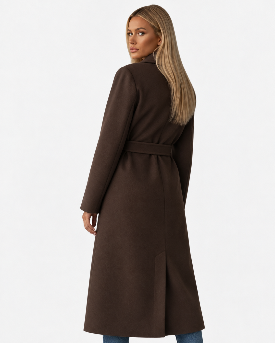 Women Long Double Breasted Belted Coat