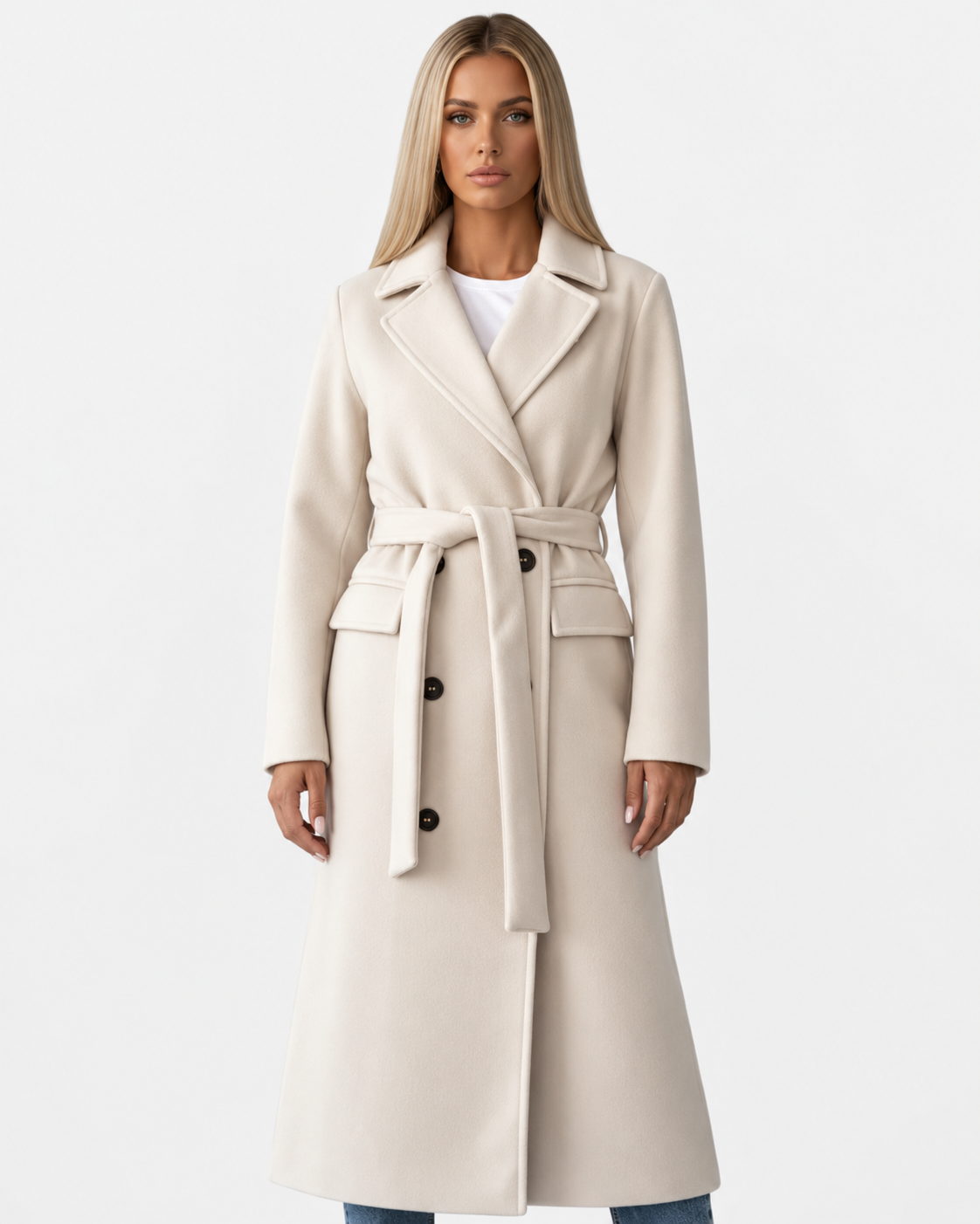 Women Long Double Breasted Belted Coat
