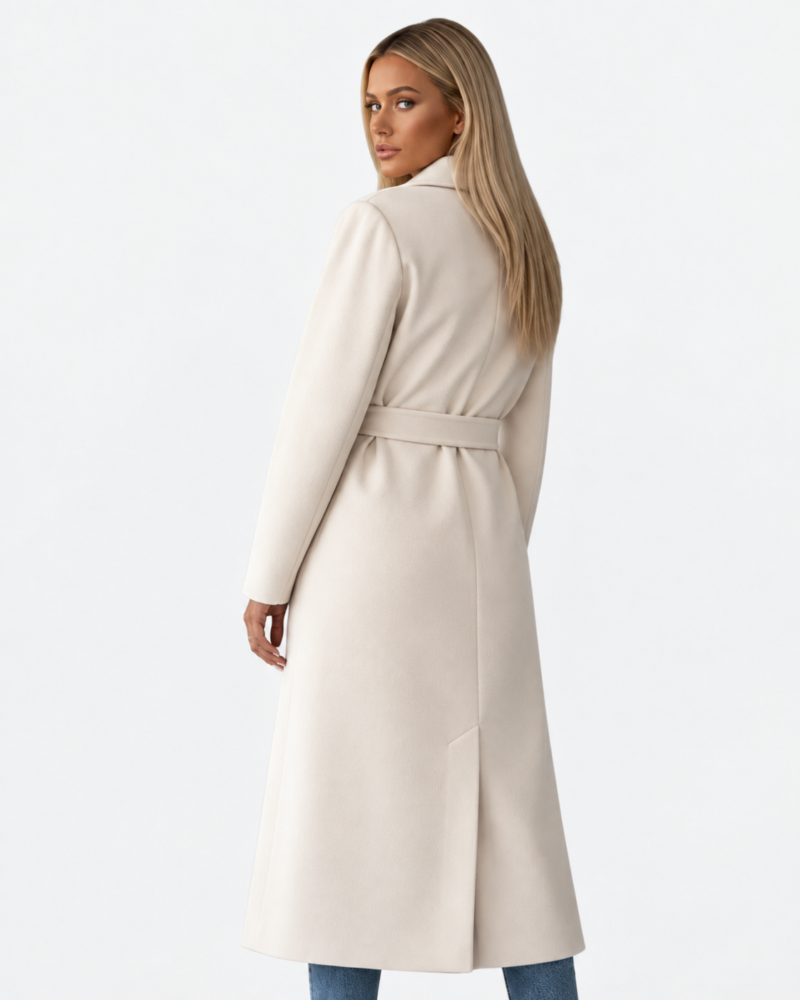 Women Long Double Breasted Belted Coat