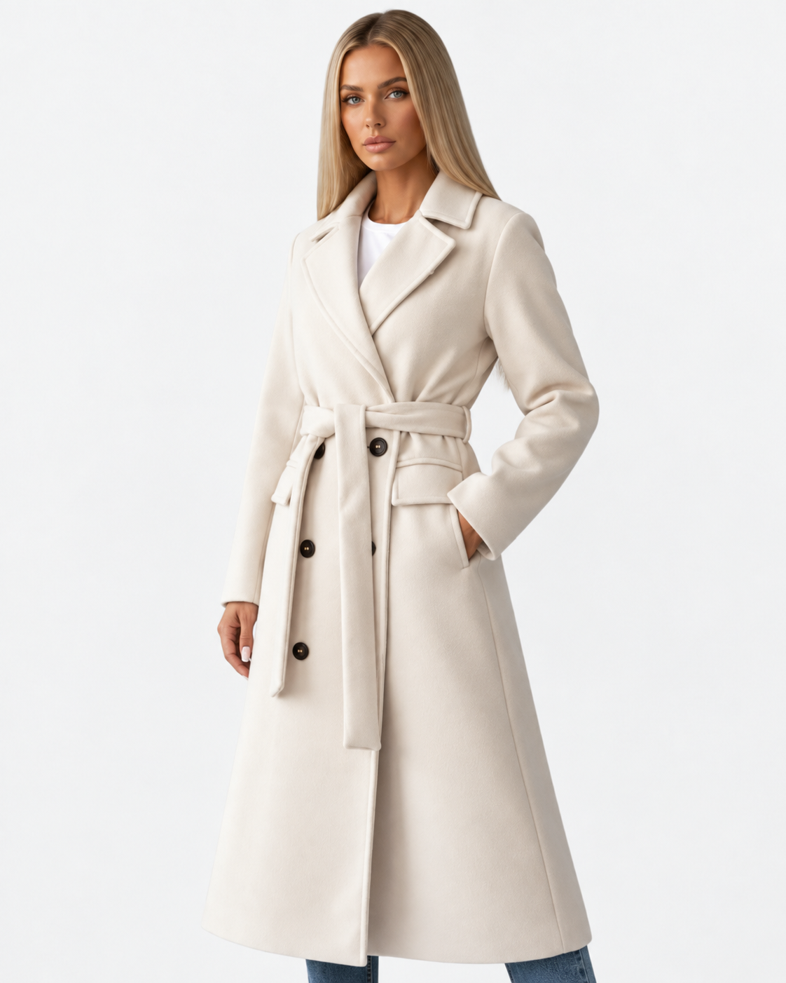 Women Long Double Breasted Belted Coat