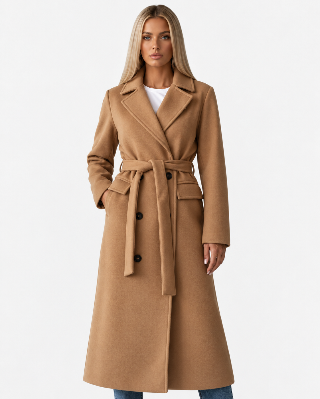 Women Long Double Breasted Belted Coat