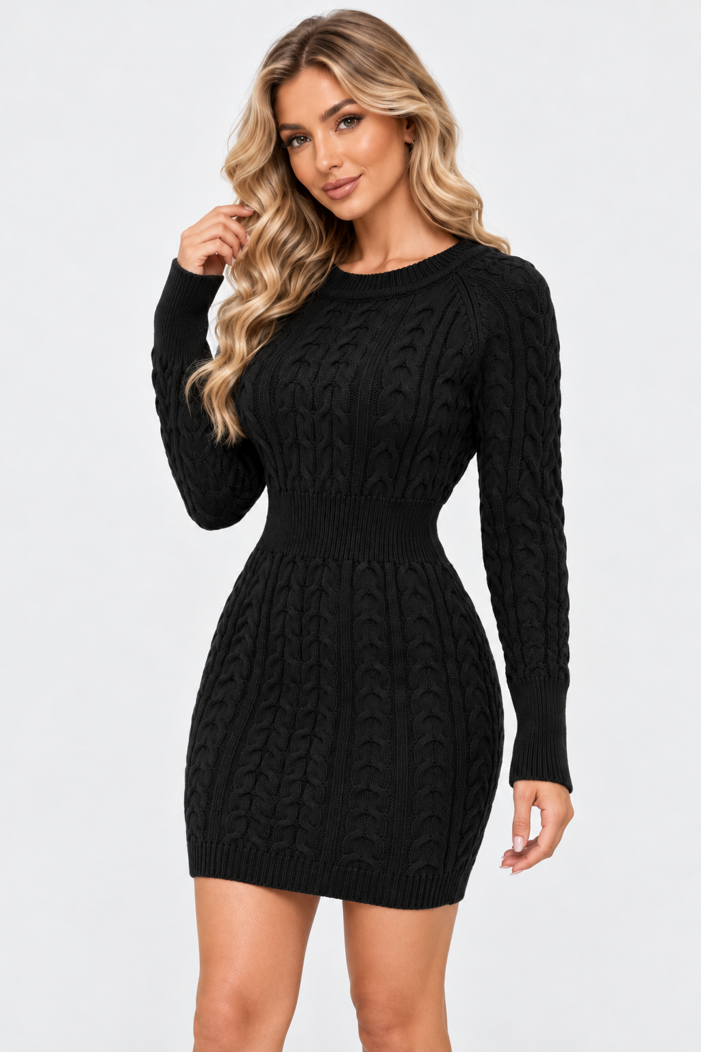Women Long Sleeve Cable Knit Mini Dress