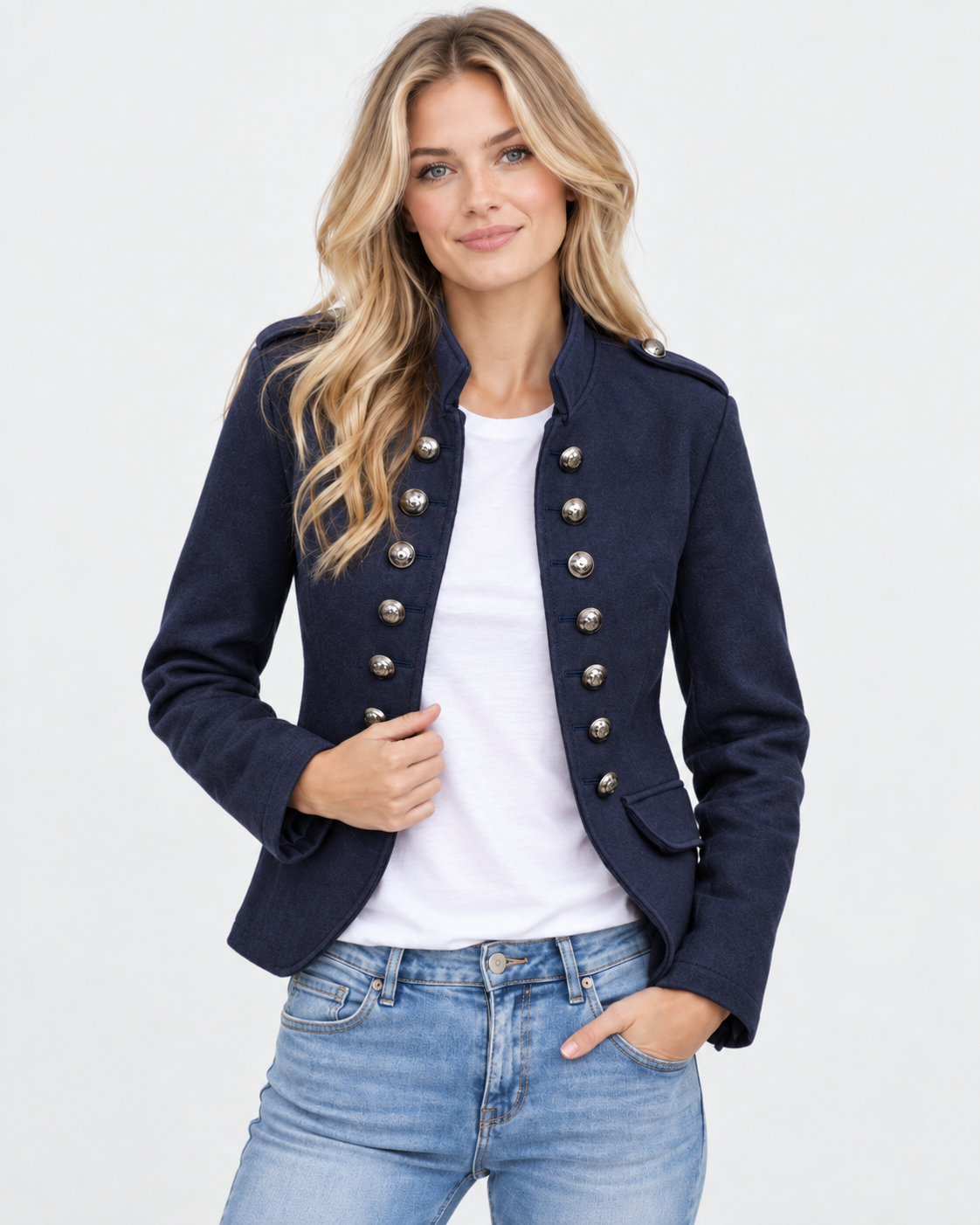 Women Military Style Blazer Button Details