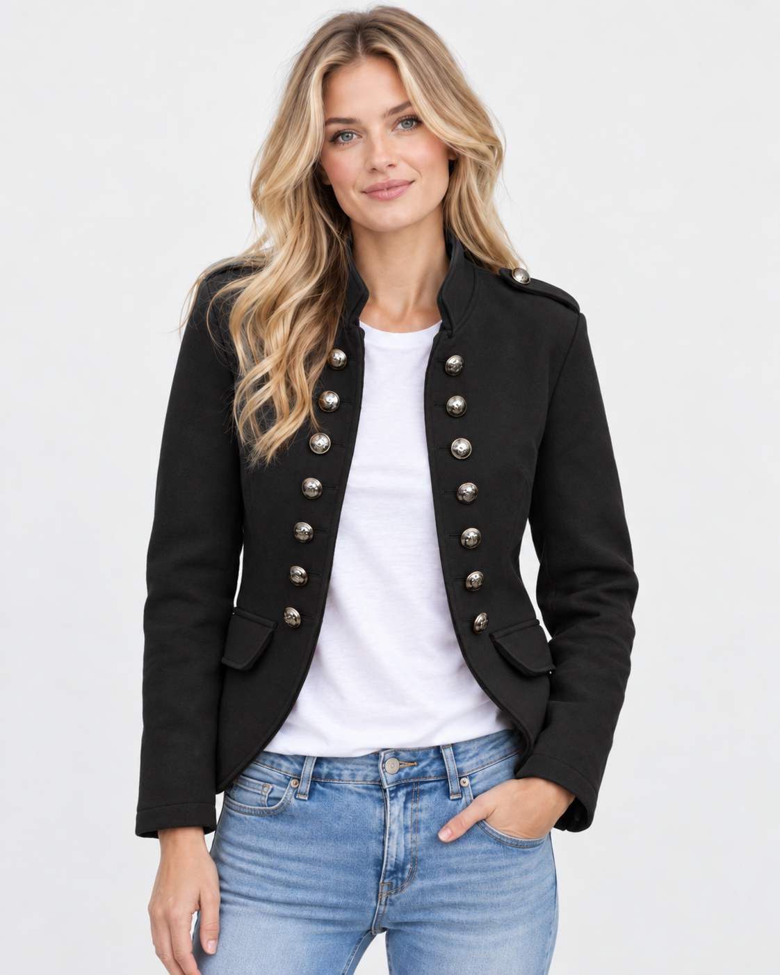 Women Military Style Blazer Button Details