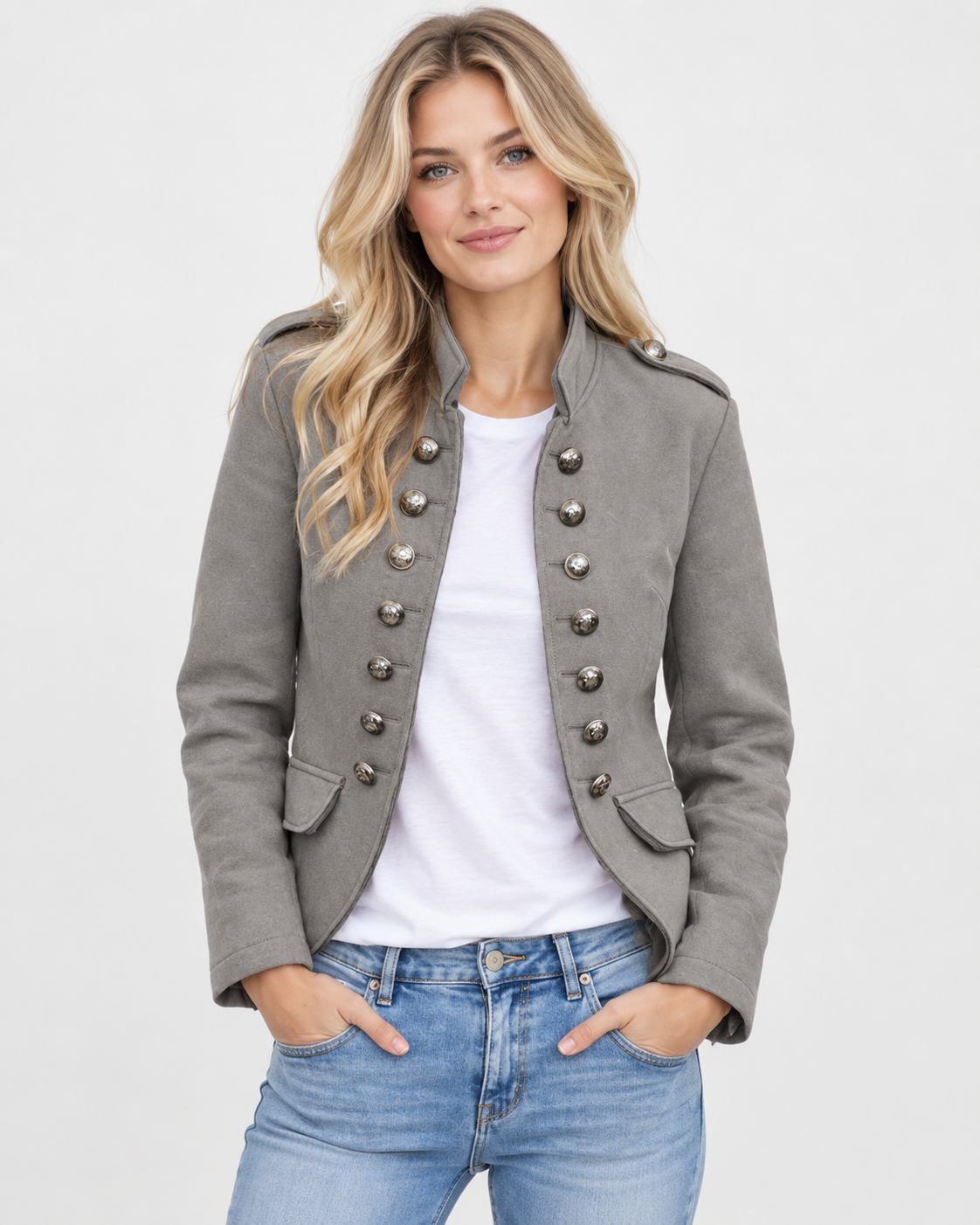 Women Military Style Blazer Button Details