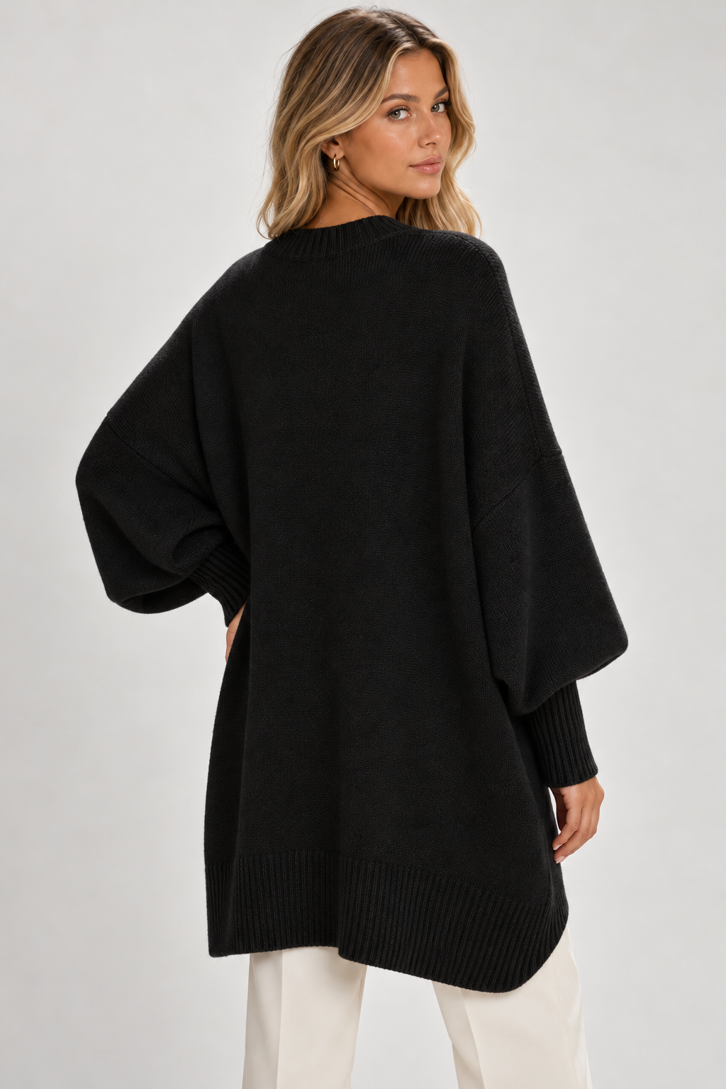 Women Oversized Longline Knitted Jumper Balloon Sleeves