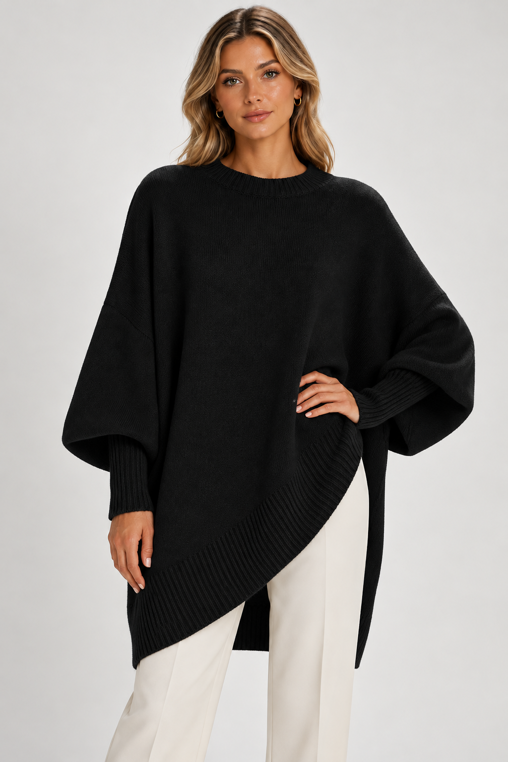 Women Oversized Longline Knitted Jumper Balloon Sleeves