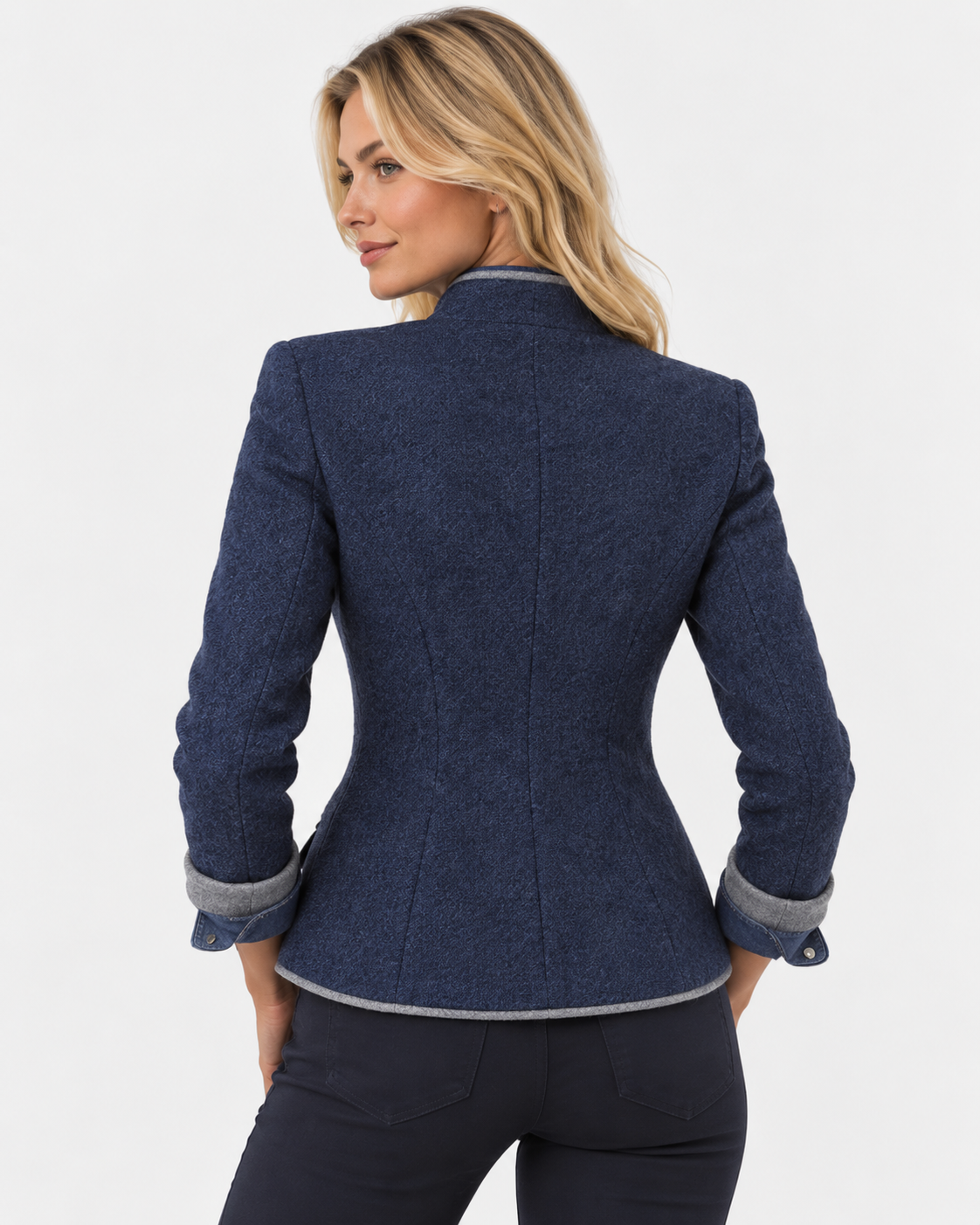Women Stand Collar Blazer Trim Button Front