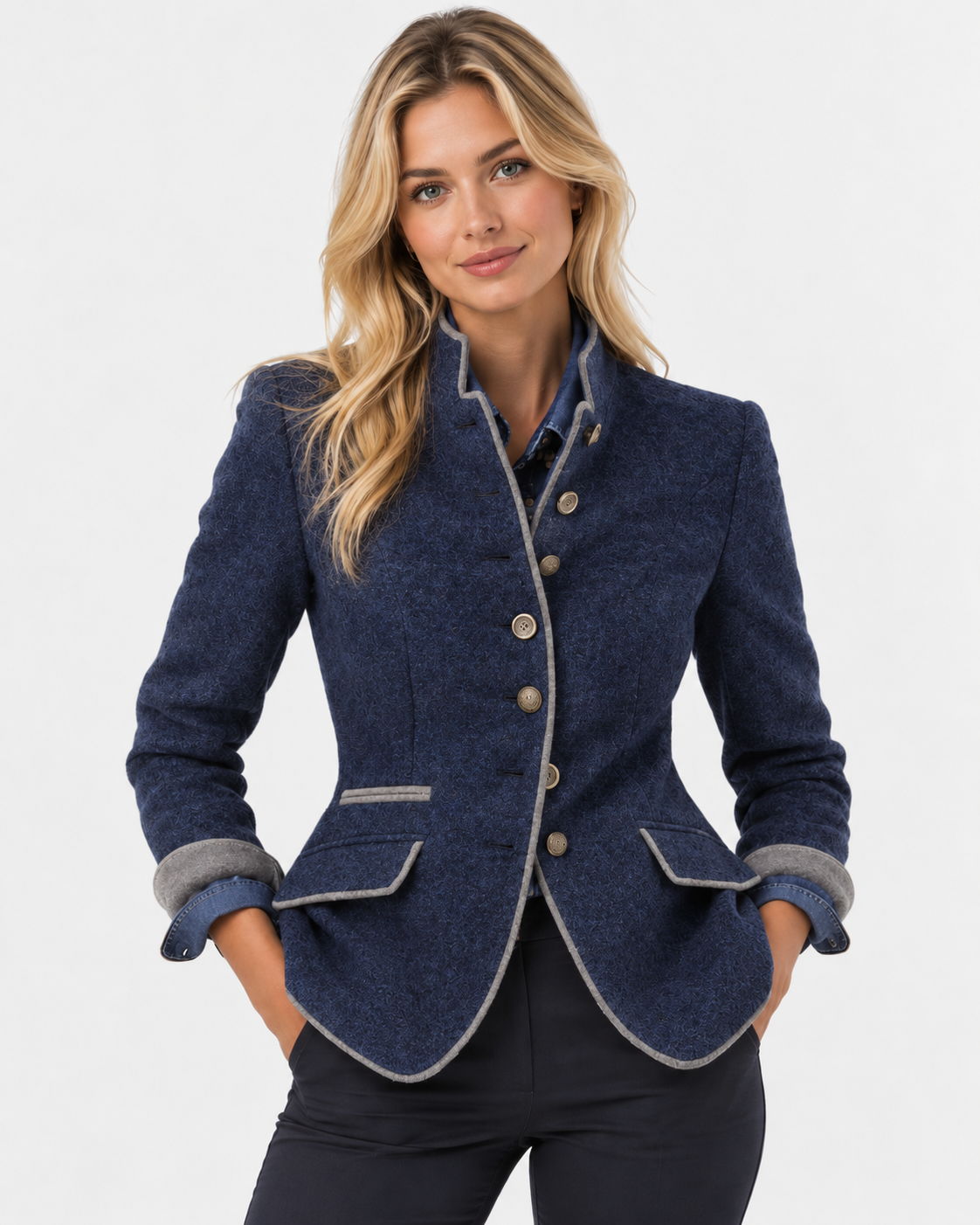 Women Stand Collar Blazer Trim Button Front