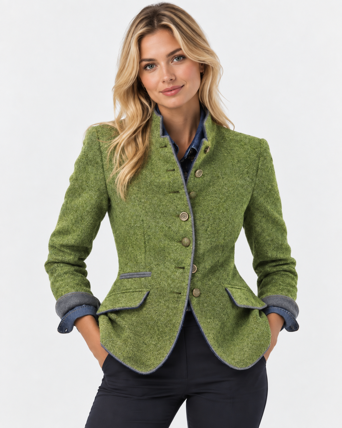 Women Stand Collar Blazer Trim Button Front