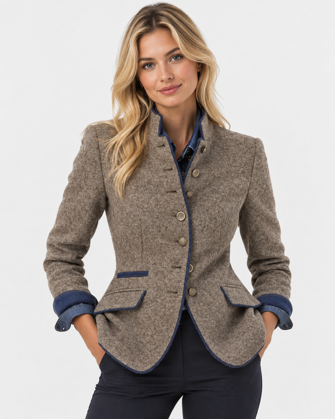 Women Stand Collar Blazer Trim Button Front