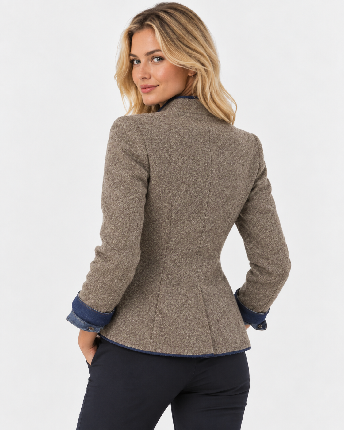 Women Stand Collar Blazer Trim Button Front