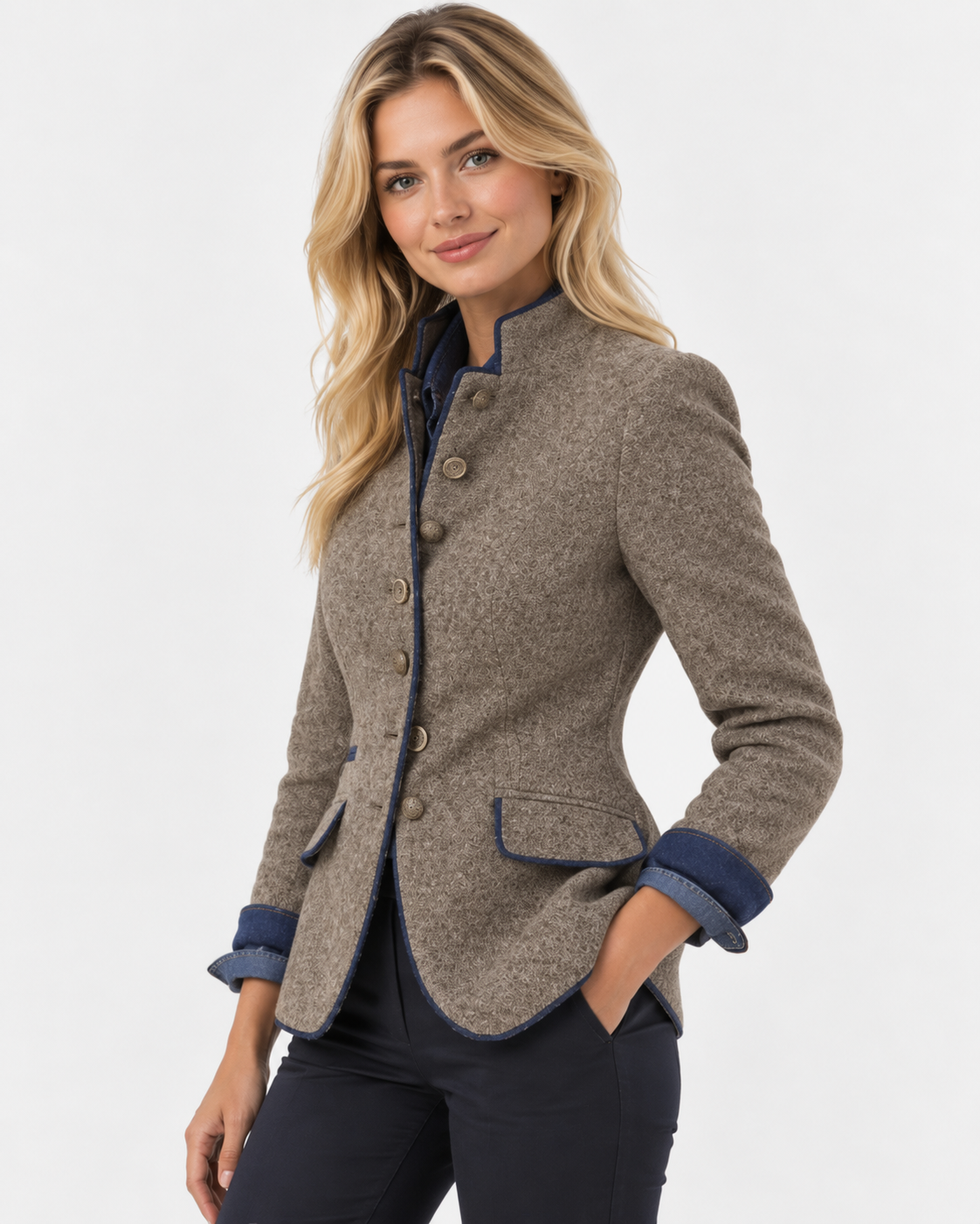 Women Stand Collar Blazer Trim Button Front