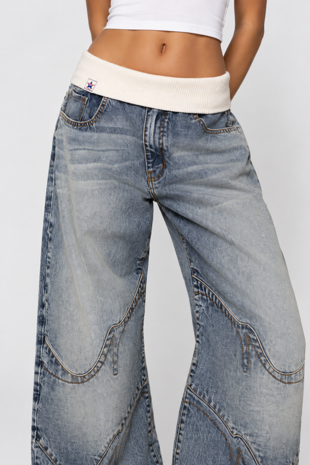 Women Y2K Baggy Wide Leg Jeans Ribbed Waistband