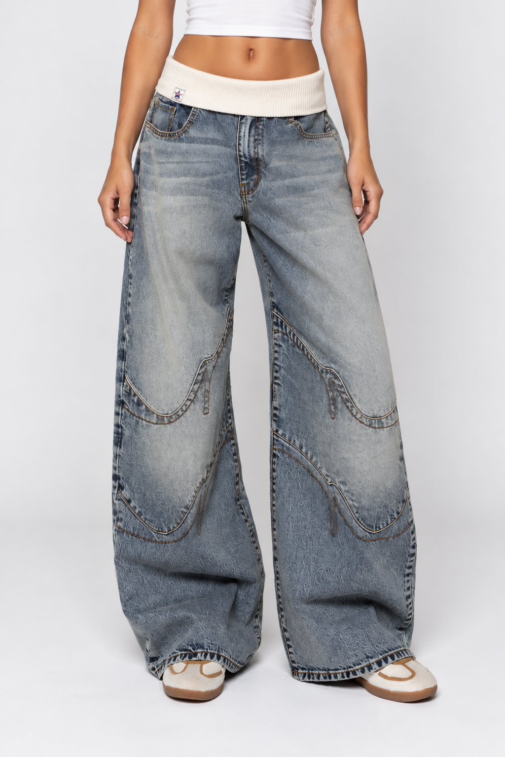 Women Y2K Baggy Wide Leg Jeans Ribbed Waistband
