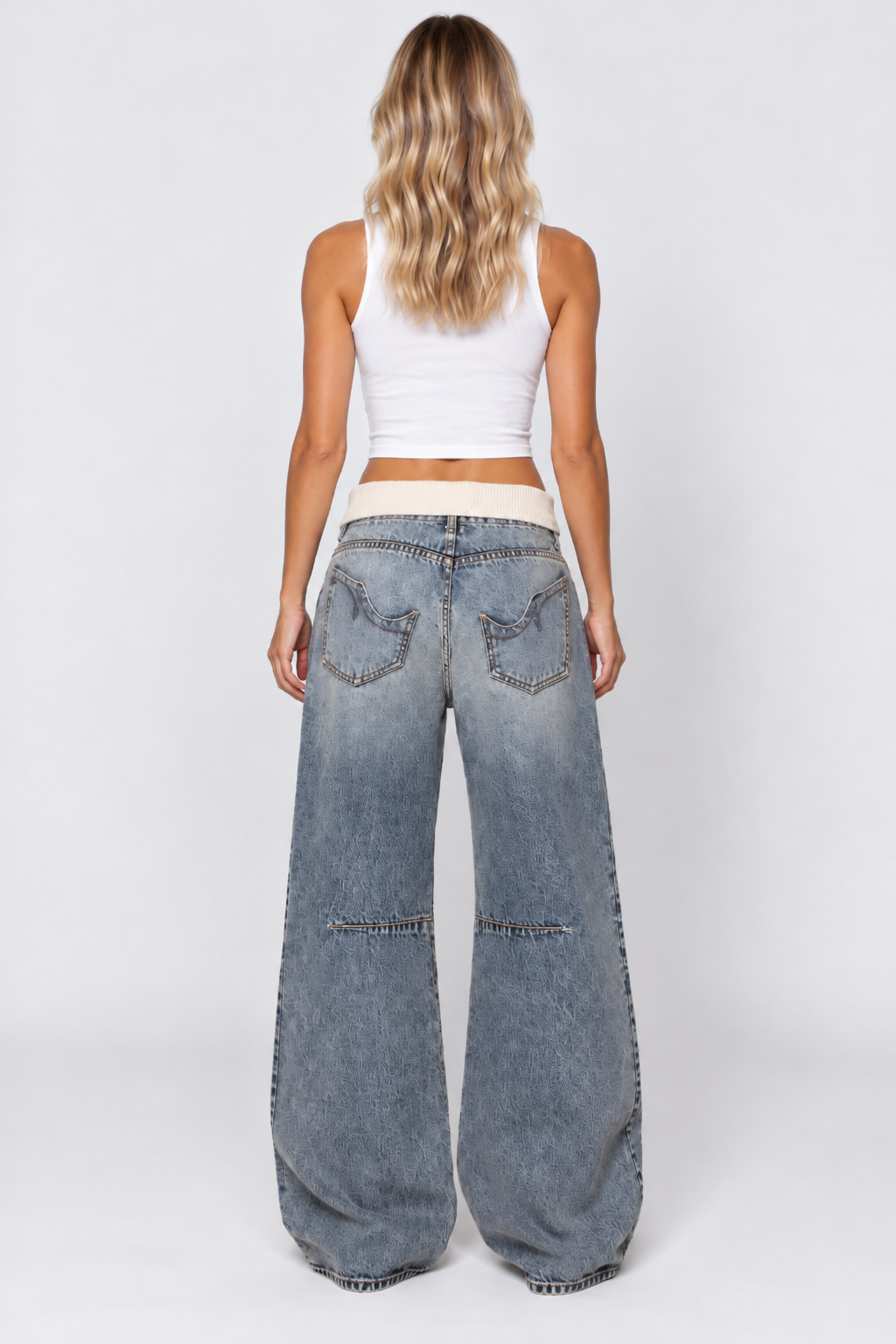 Women Y2K Baggy Wide Leg Jeans Ribbed Waistband