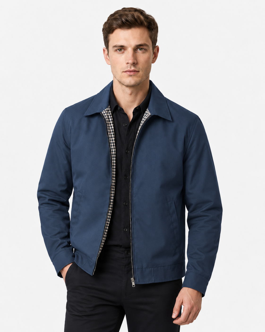Men Check Lined Harrington Jacket Zip