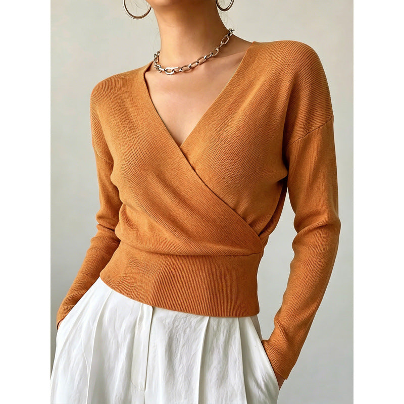 Rebecca Wrap Front Ribbed Knit Jumper in Camel