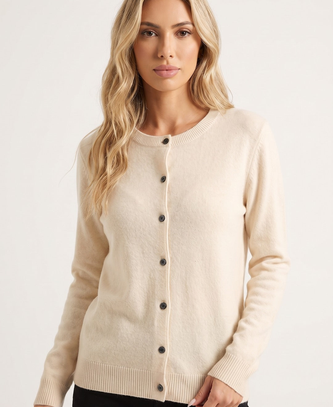 Womens round neck button knit cardigan in Cream front