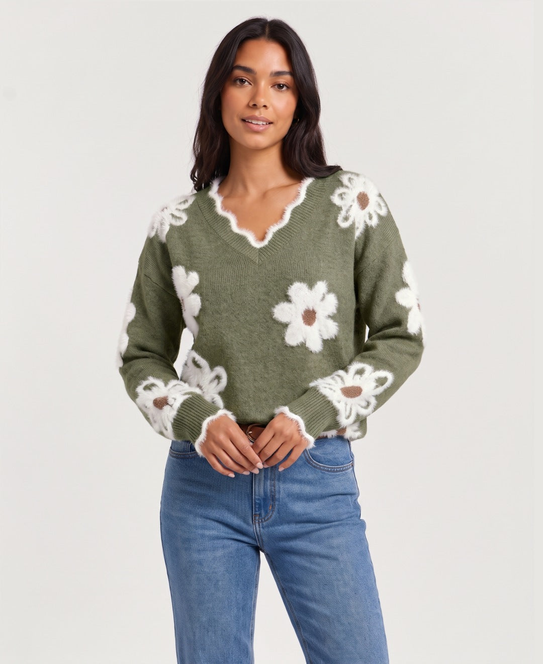 Women's V neck jumper with 3D daisy appliques in army green, front view