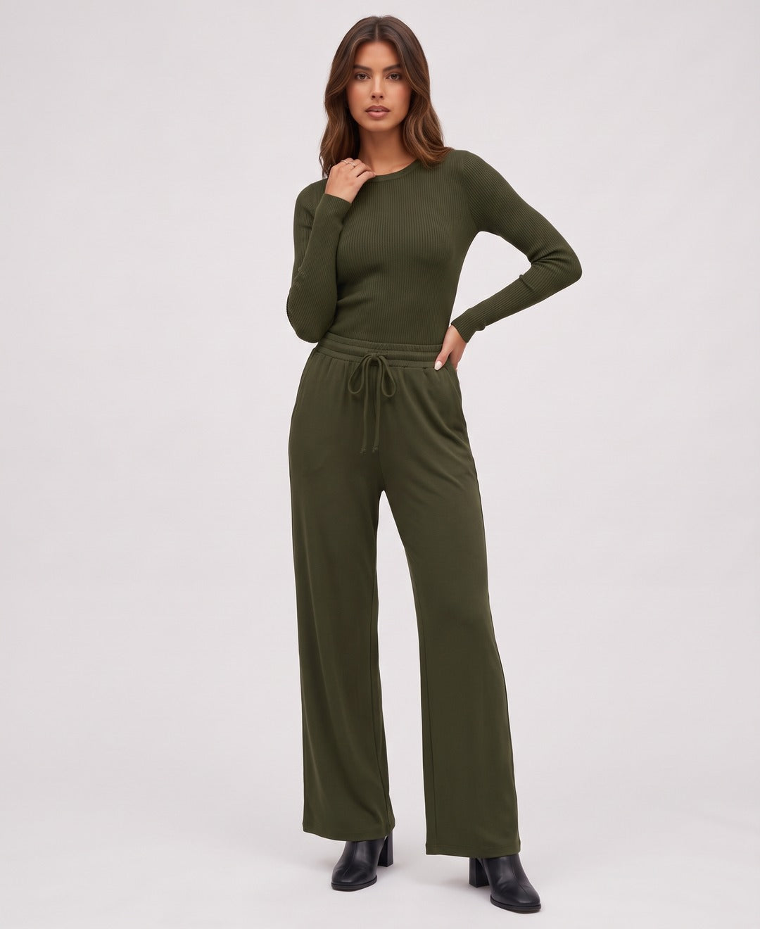 Marisol Rib Set in Army Green, front view