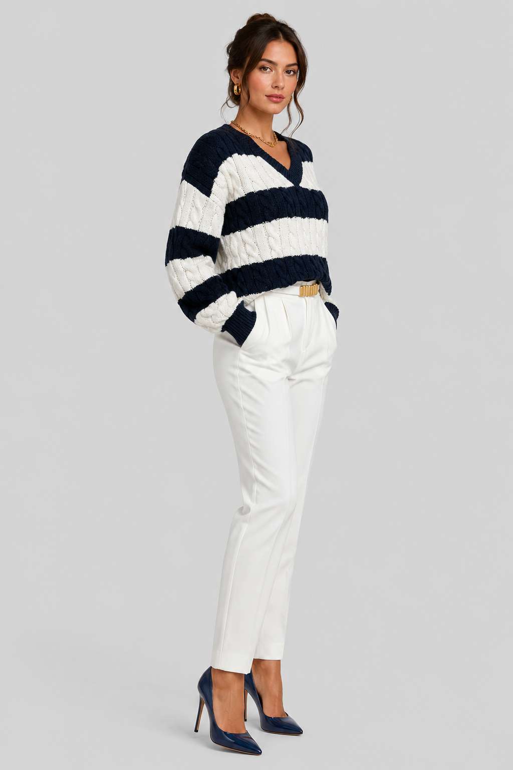 Women Oversized Striped Cable Knit Jumper