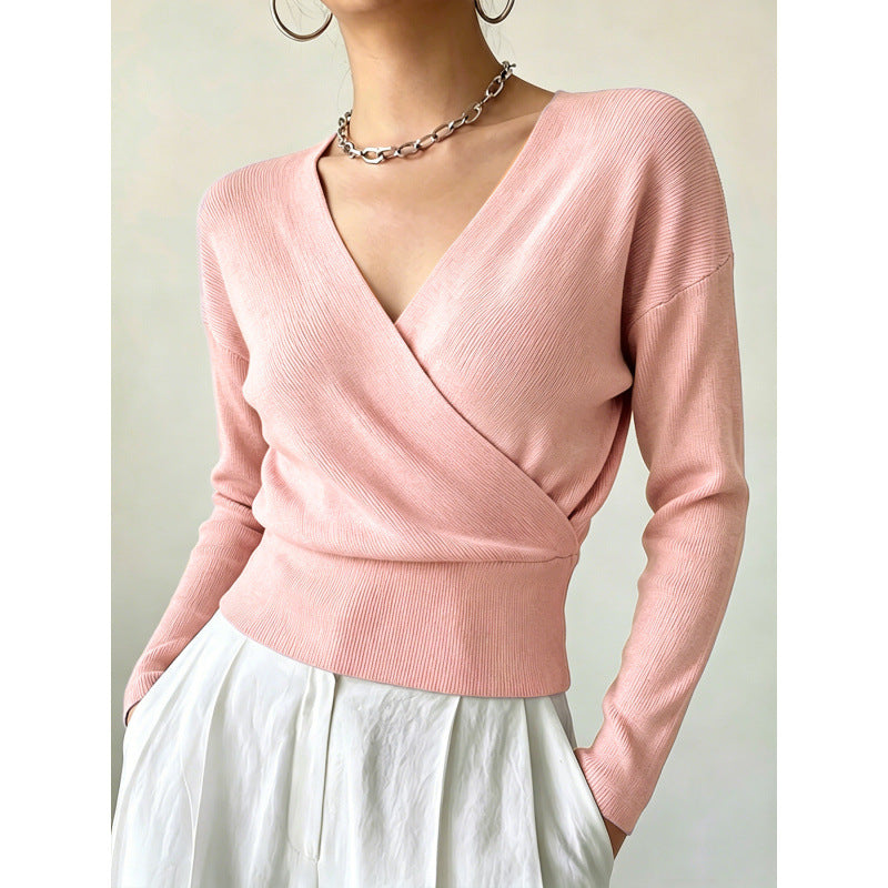 Rebecca Wrap Front Ribbed Knit Jumper in Pink