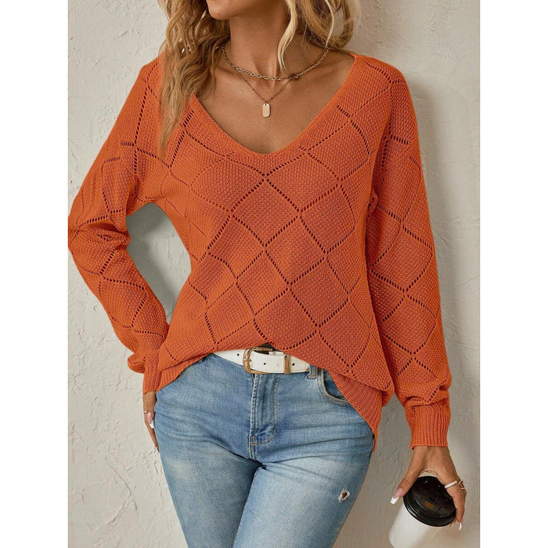 Stephanie Pointelle Diamond V Neck Jumper in Rust Orange