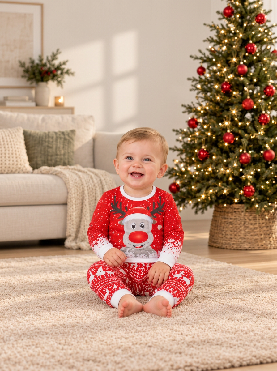 Red Nose Reindeer Matching Family Christmas Pyjamas, baby set