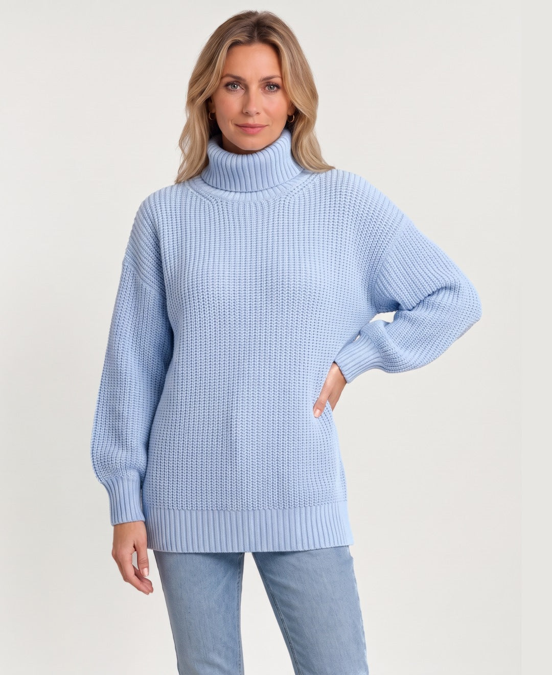 Women's chunky rib knit roll neck jumper baby blue front view