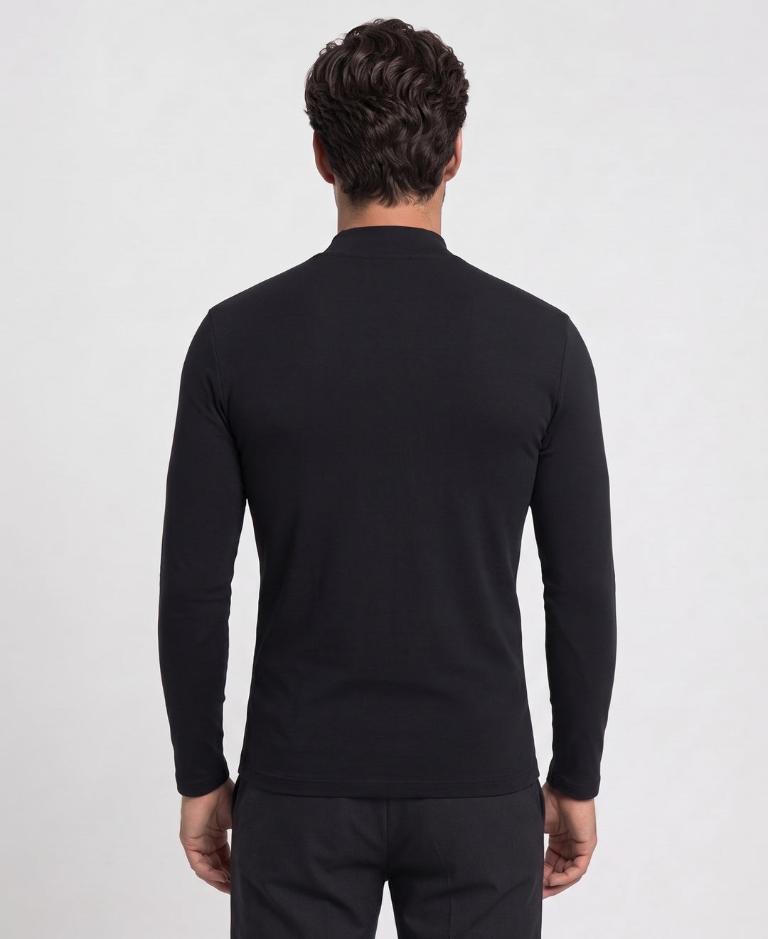 Men's thermal mock-neck base layer top in black, back view